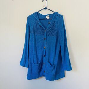 Chicos Sweater Womens Size 2 Large Long Open Knit Hooded Cardigan Blue Lagenlook